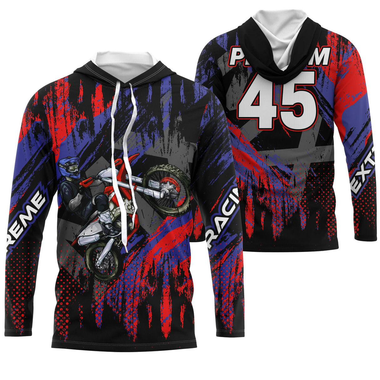 Sweat motocross violet rouge Extreme avec motard MX et lettrage Racing, prénom numéro 45 imprimés