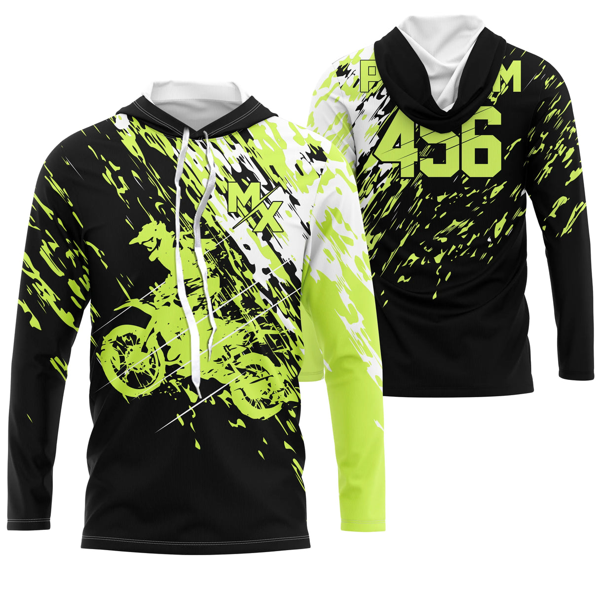 Sweat motocross noir vert lime fluo avec motard MX et lettrage Racing, prénom numéro 456 imprimés