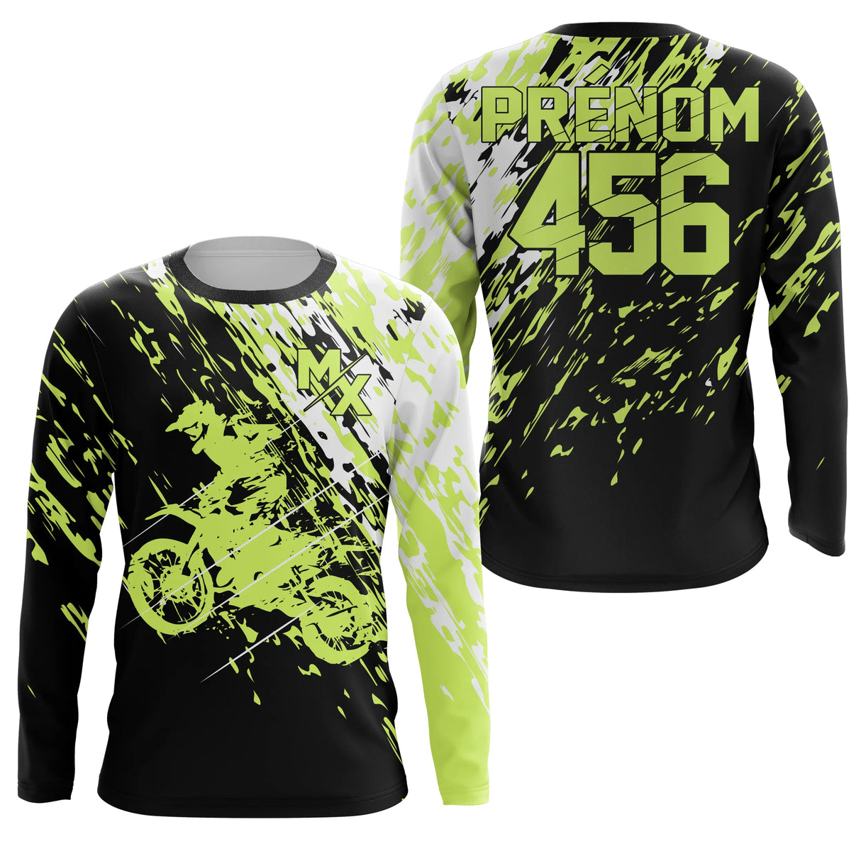 Anti-UV manches longues sweat motocross vert fluo MX, tenue piste avec prénom et numéro pour pilote