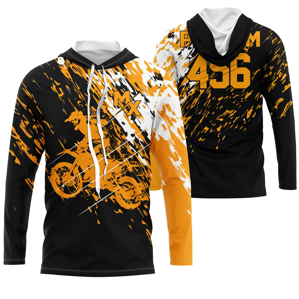Sweat motocross noir orange avec motard MX et lettrage Racing, prénom numéro 456 imprimés