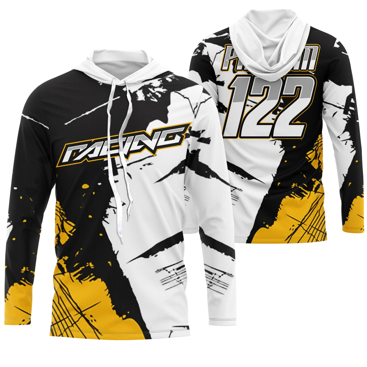 Sweat motocross noir blanc jaune avec lettrage Racing et traces de pneu, prénom numéro 122 imprimés