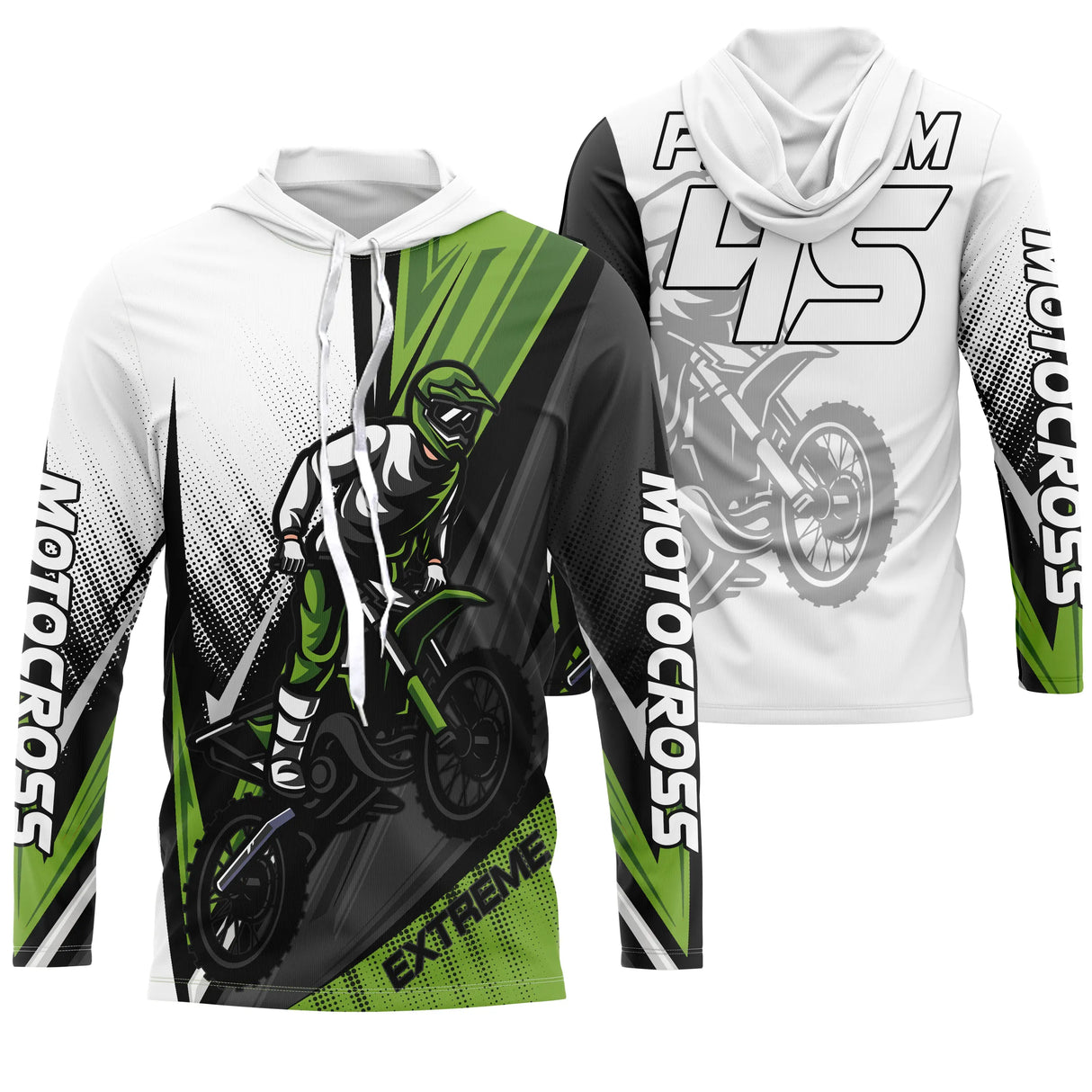 Sweat motocross blanc vert lime Extreme avec motard MX silhouette, prénom numéro 45 imprimés