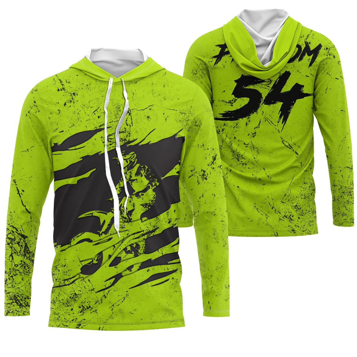 Sweat motocross vert lime fluo avec motif griffes noires et traces de pneu, prénom numéro 54 imprimés