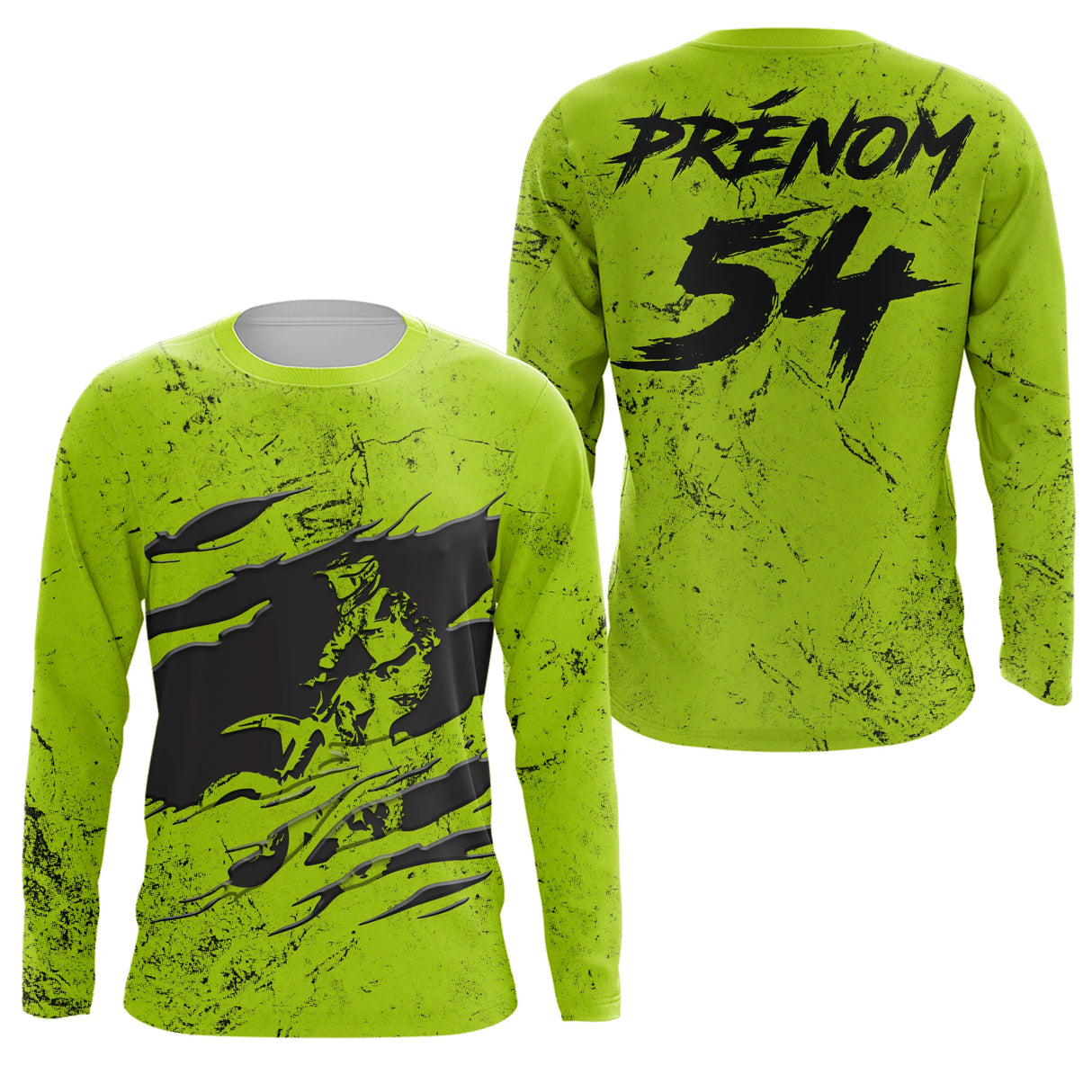 Anti-UV manches longues sweat motocross vert lime griffes, tenue piste avec prénom et numéro
