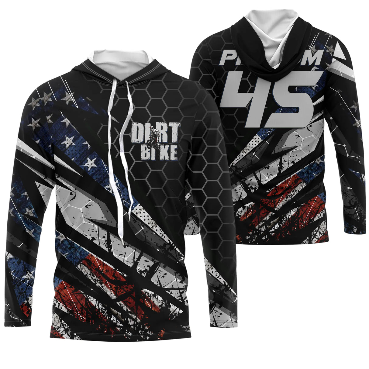 Sweat motocross USA noir avec drapeau américain étoiles bandes et lettrage Dirt Bike, prénom numéro 45