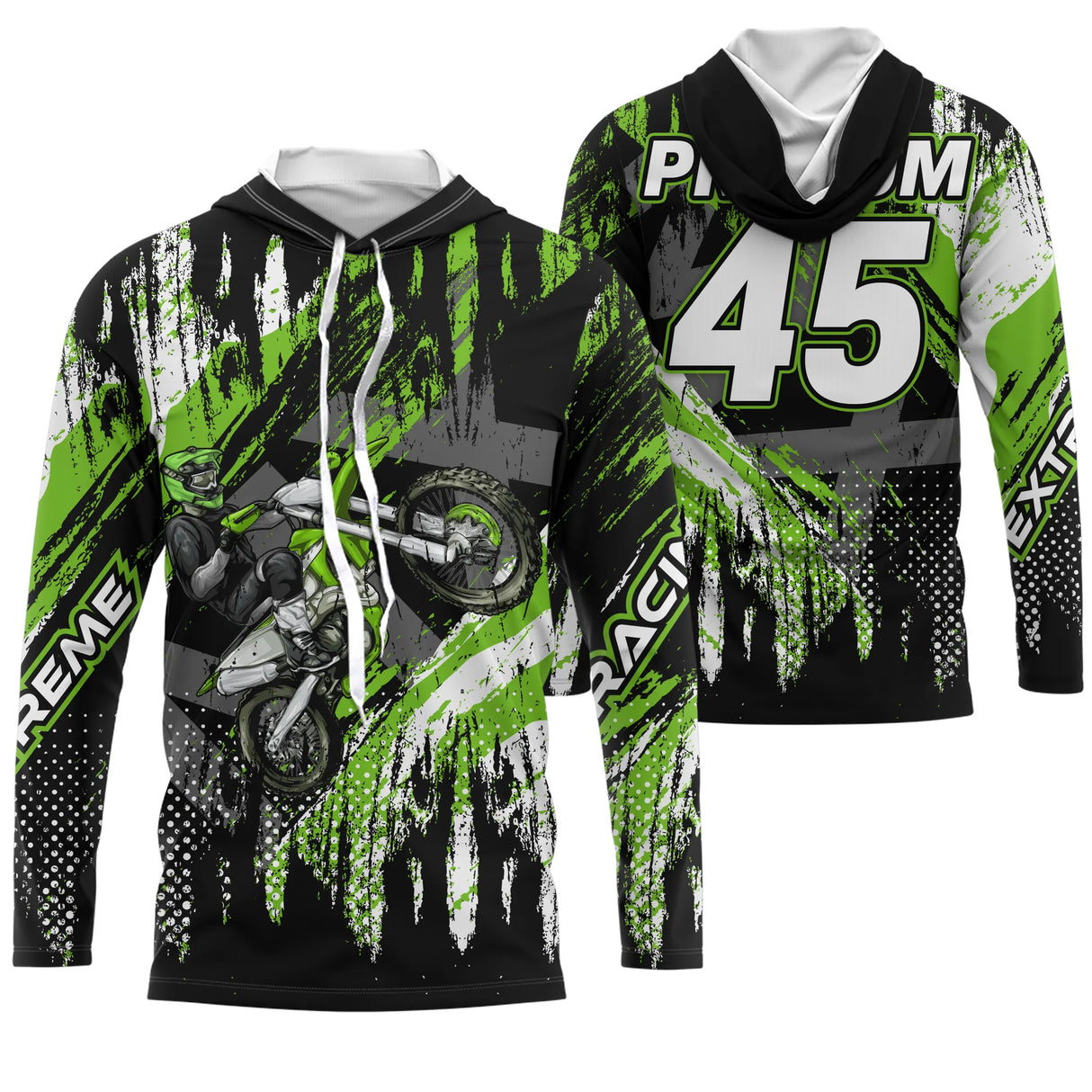 Sweat motocross noir vert lime Extreme Racing avec motard MX et lettrage Racing, prénom numéro 45