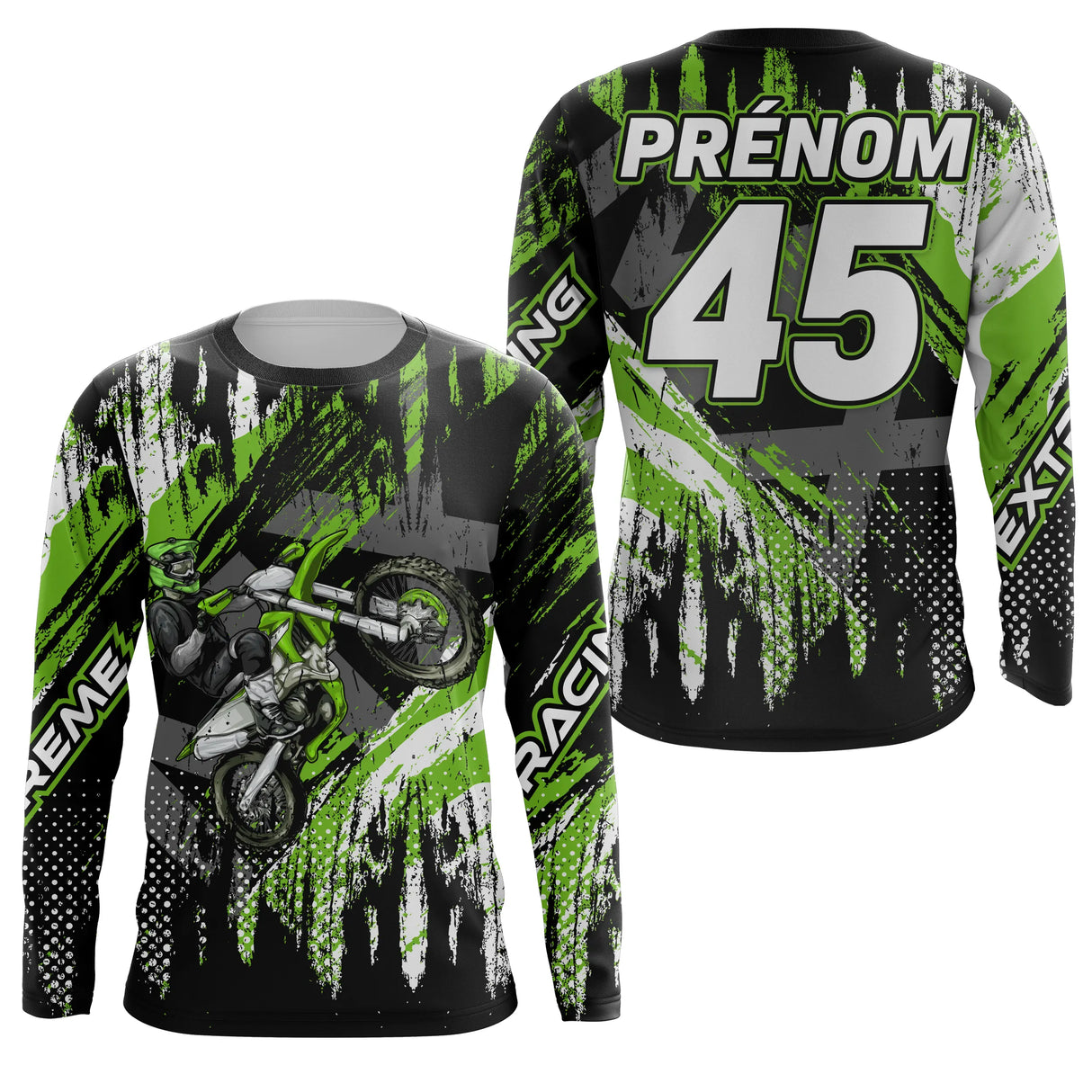 Anti-UV manches longues sweat motocross vert lime Extreme Racing, tenue piste avec prénom et numéro