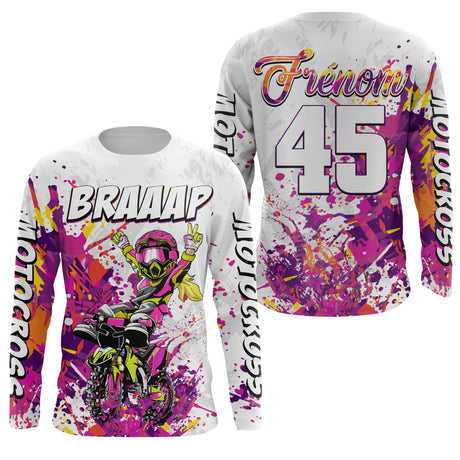 Maillot Cross Personnalisé Protection UV Rose, Cadeau Original Pilote MX, Braaap Fille - CT21122208 - Anti-UV T-shirt Manches Longues