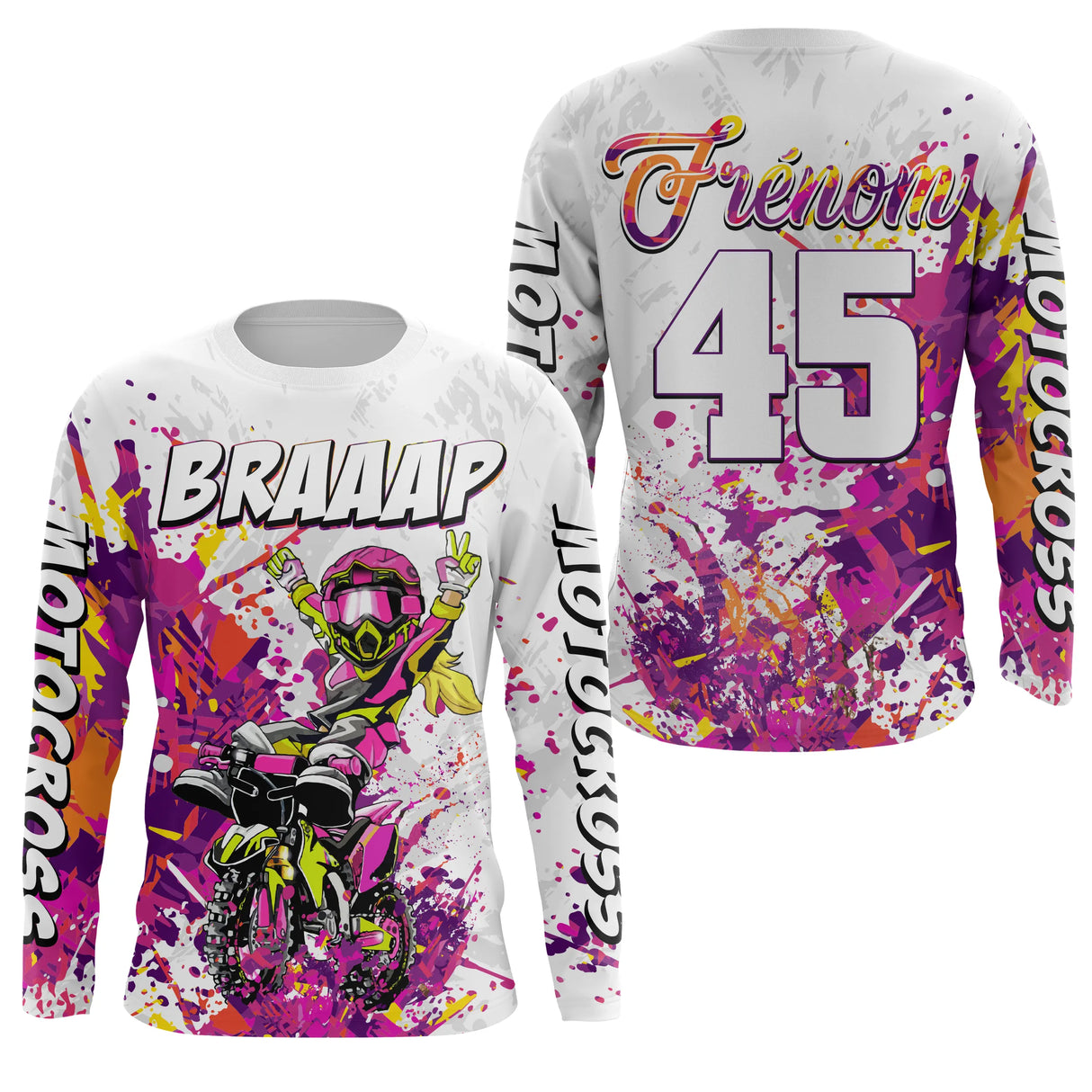 Anti-UV manches longues maillot motocross rose Braaap fille, design dirt bike girl personnalisé