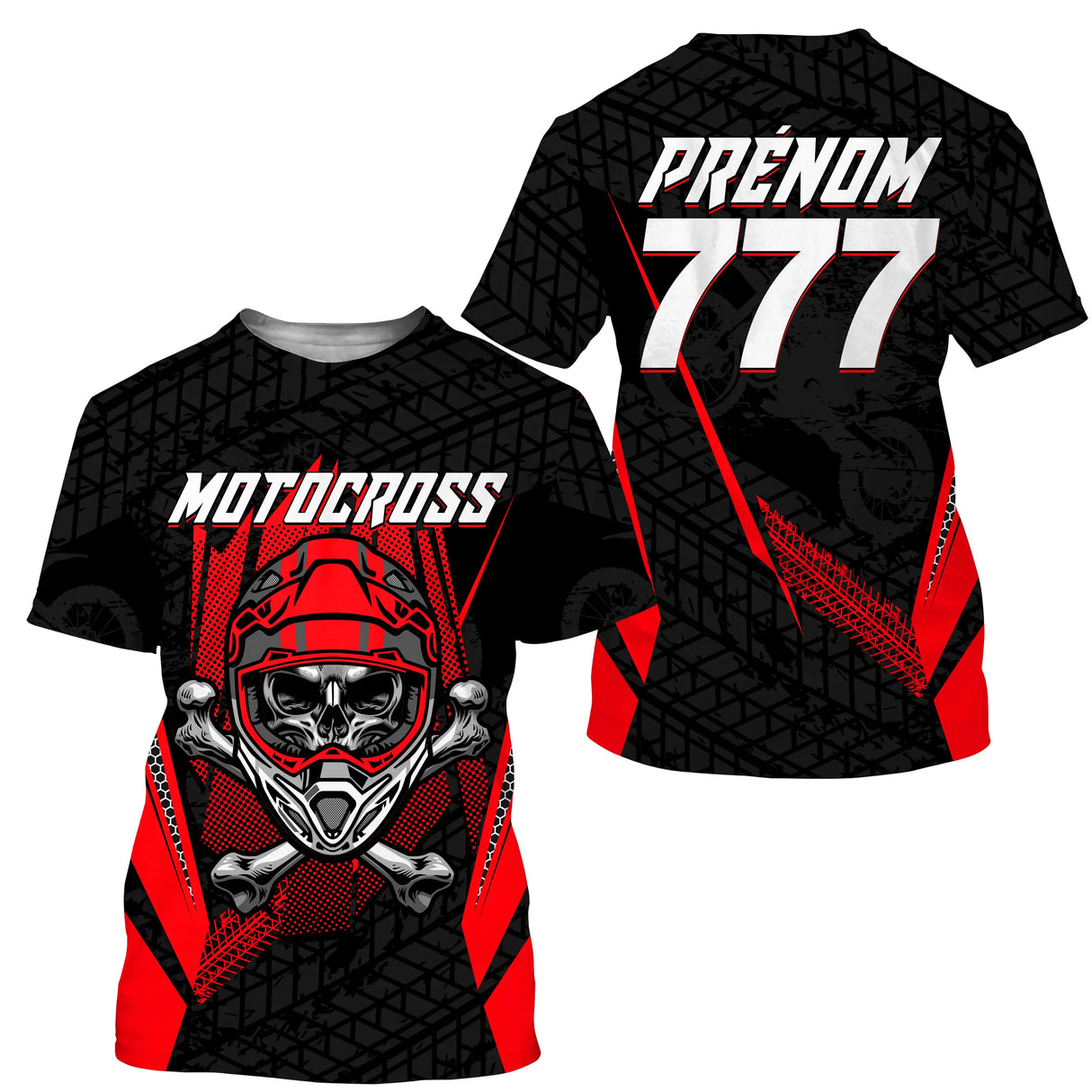 Anti-UV à capuche maillot motocross noir rouge, motif tête de mort casque cross et numéro de course personnalisé