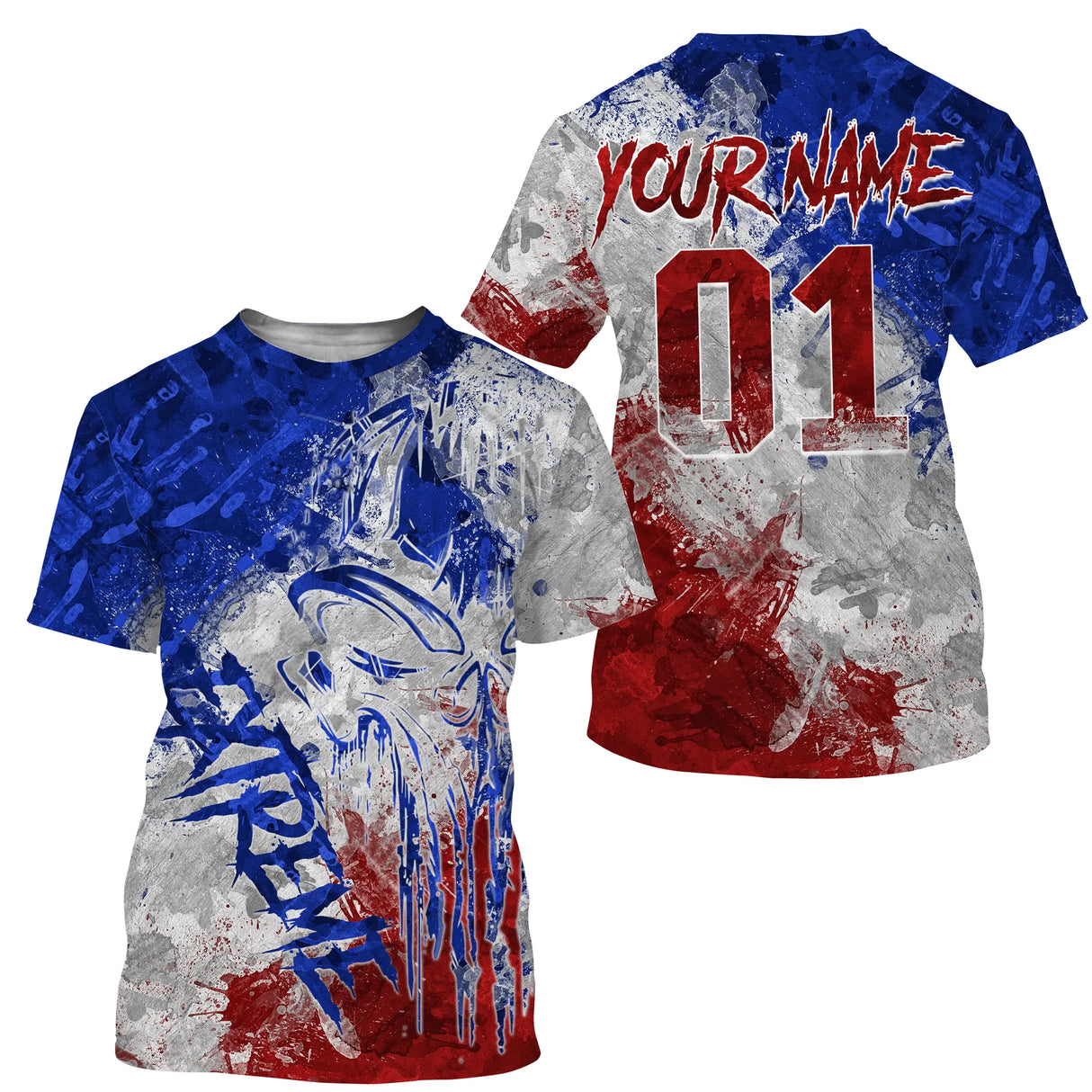 Anti-UV à capuche maillot motocross bleu blanc rouge, lettrage Xtreme tricolore et numéro de course personnalisé