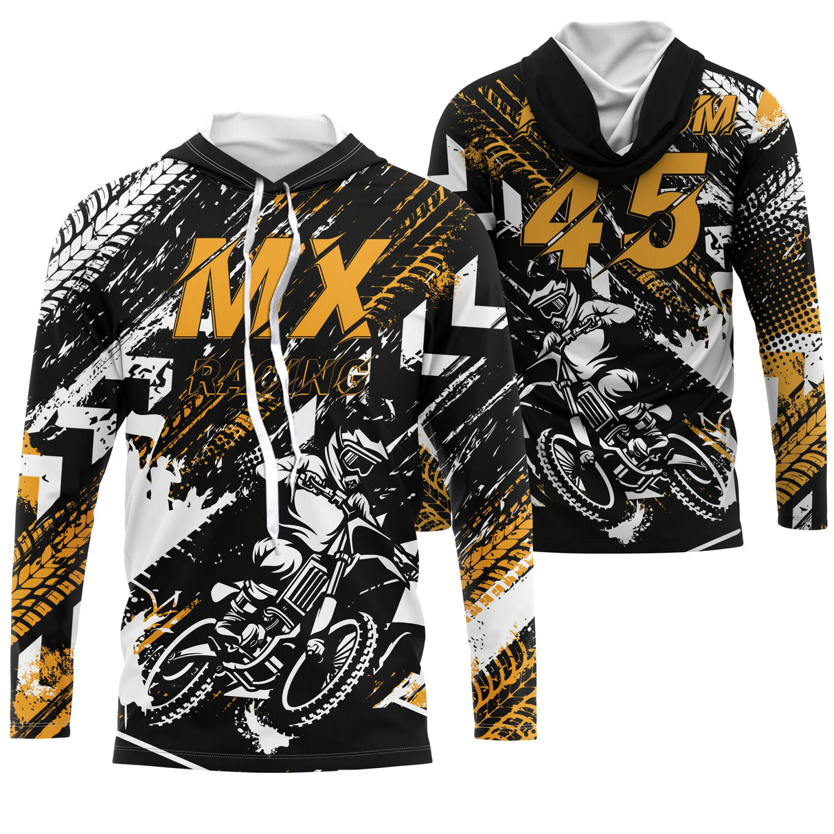 Maillot motocross jaune noir MX Racing avec pilotes en plein saut et traces de pneu, prénom et numéro 45 imprimés