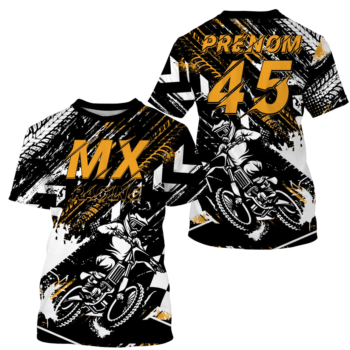 Anti-UV à capuche maillot motocross jaune noir, lettrage MX Racing et numéro de course personnalisé