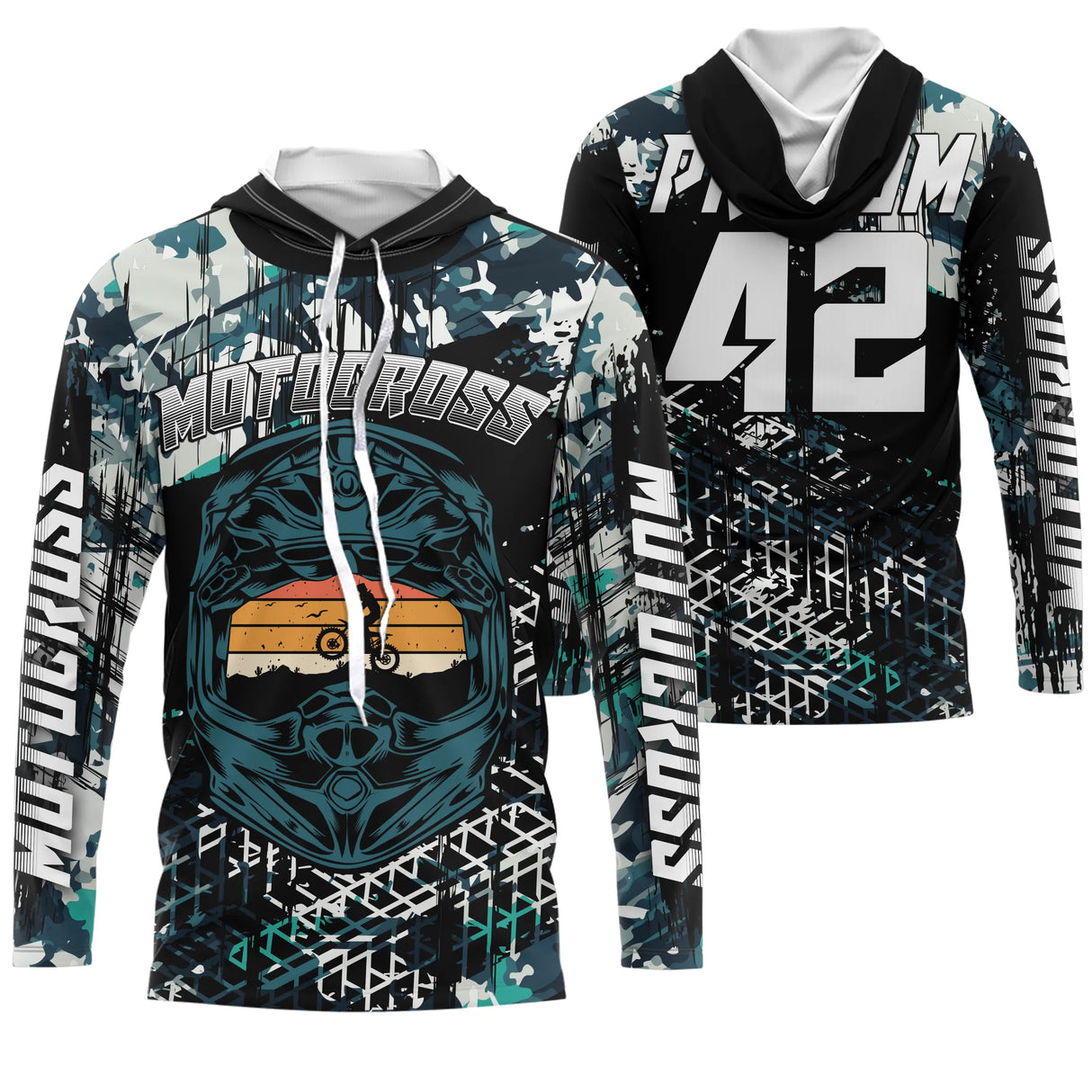 Maillot motocross bleu sarcelle vintage avec moto rétro stylée et lettrage Motocross, prénom numéro 42 imprimés