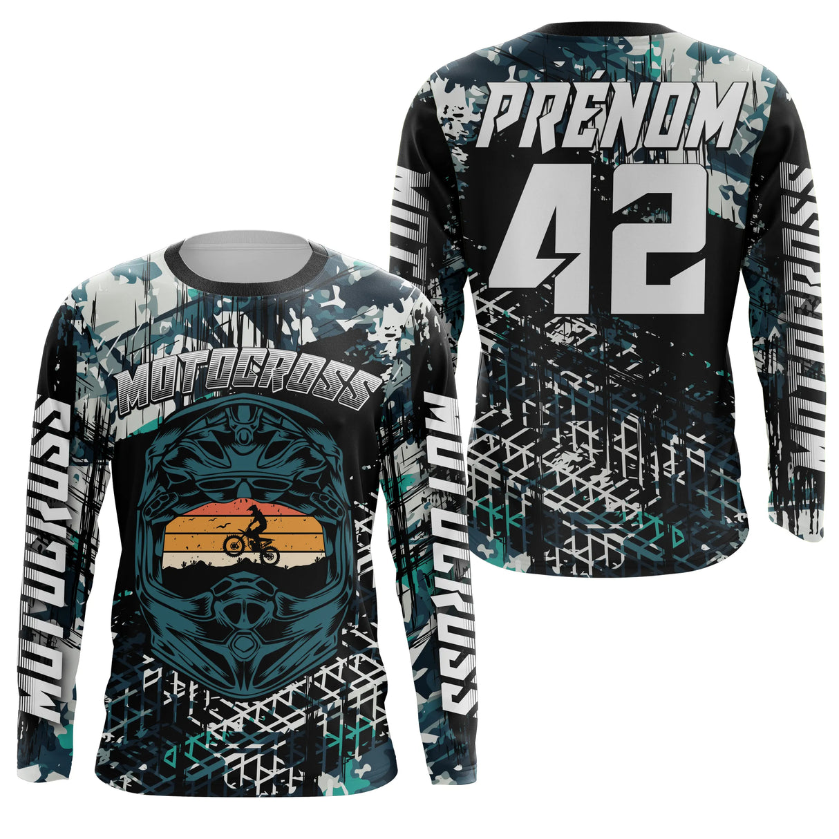 Anti-UV manches longues maillot motocross bleu vintage, design dirt bike rétro personnalisé