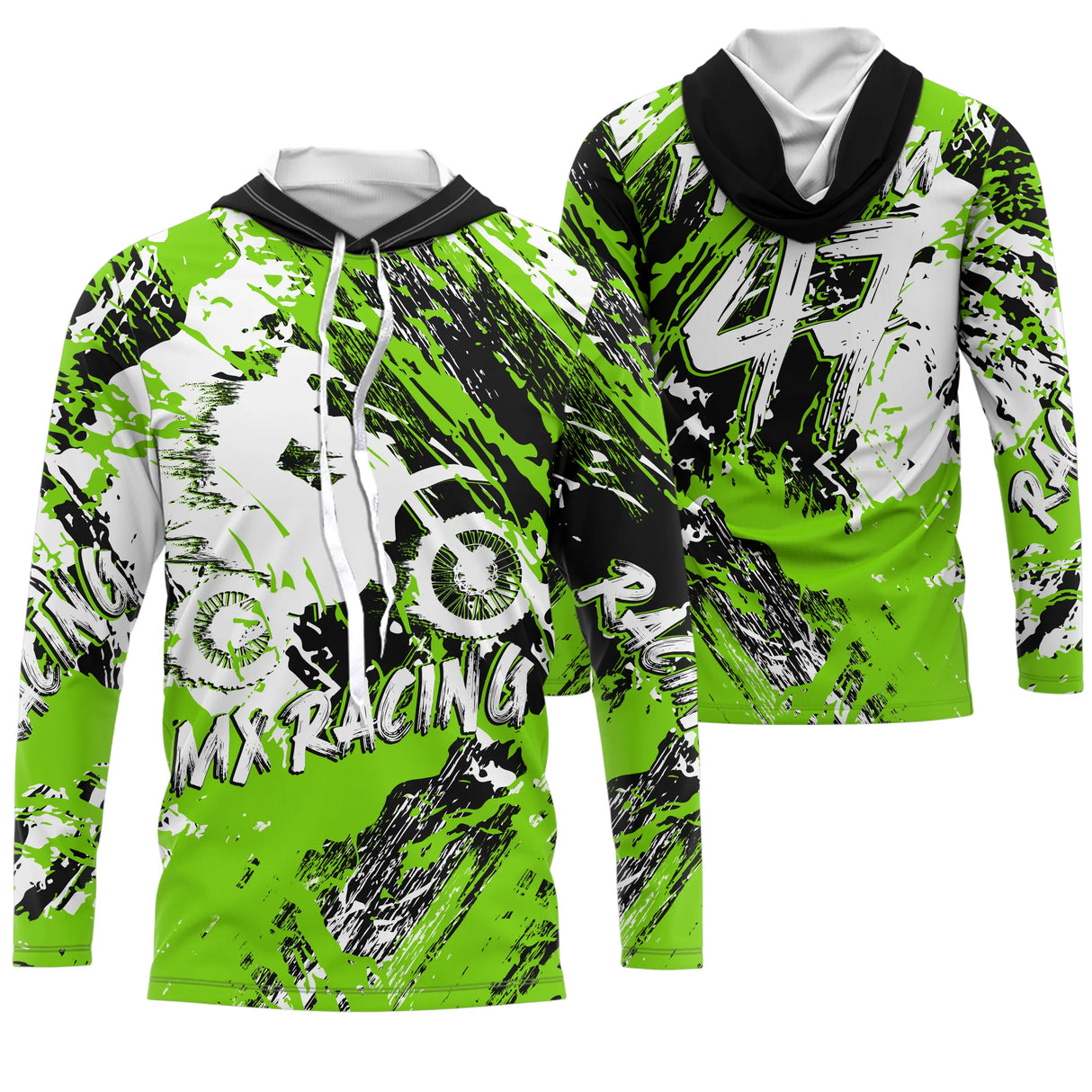 Maillot motocross vert fluo noir MX Racing avec éclats de peinture, prénom et numéro 47 imprimés