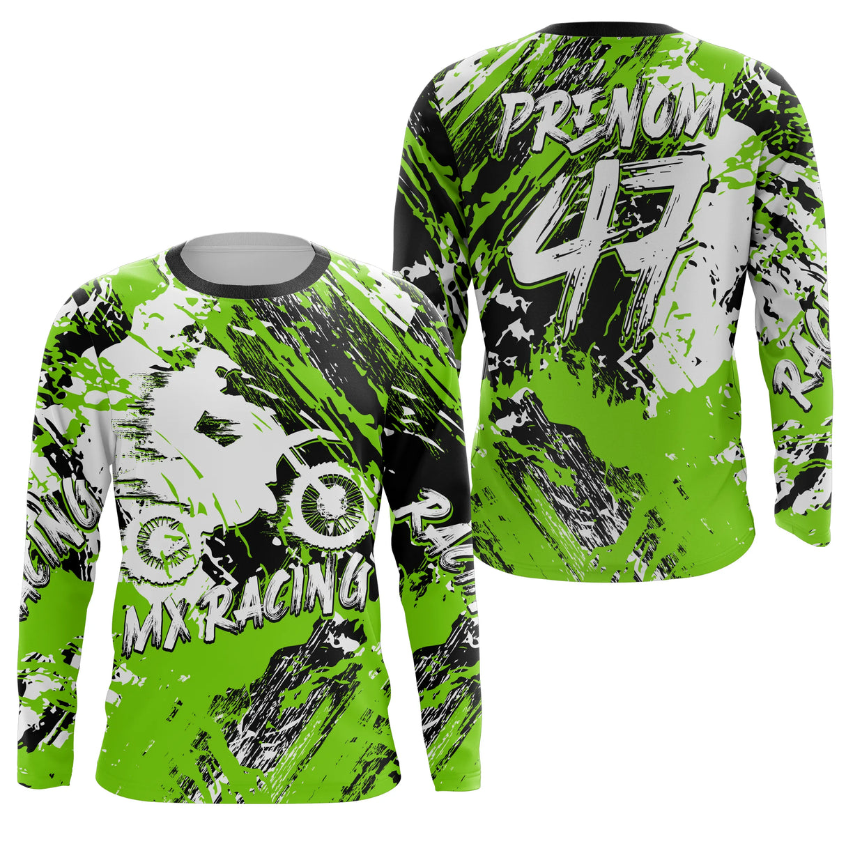 Anti-UV manches longues maillot motocross vert fluo MX, design dirt bike racing personnalisé
