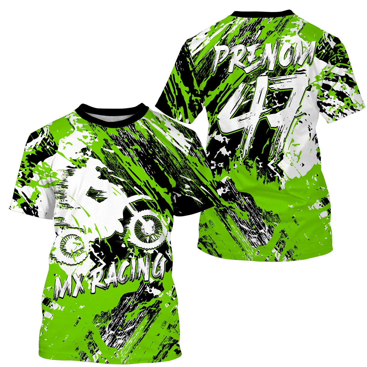 Anti-UV à capuche maillot motocross vert noir, lettrage MX Racing et numéro de course personnalisé