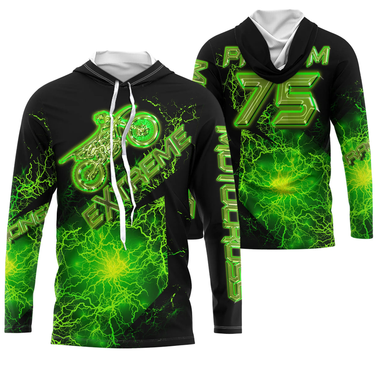Maillot motocross vert acide noir avec crâne radioactif et lettrage Extreme, prénom et numéro 75 imprimés