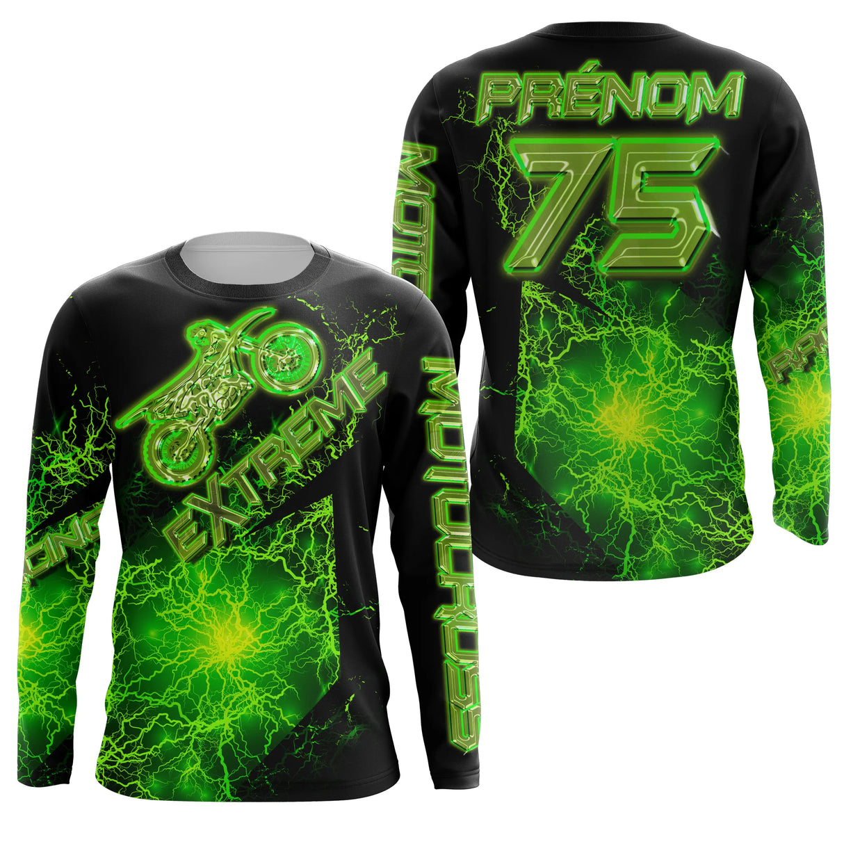 Anti-UV manches longues maillot motocross vert noir Extreme, design dirt bike intense personnalisé