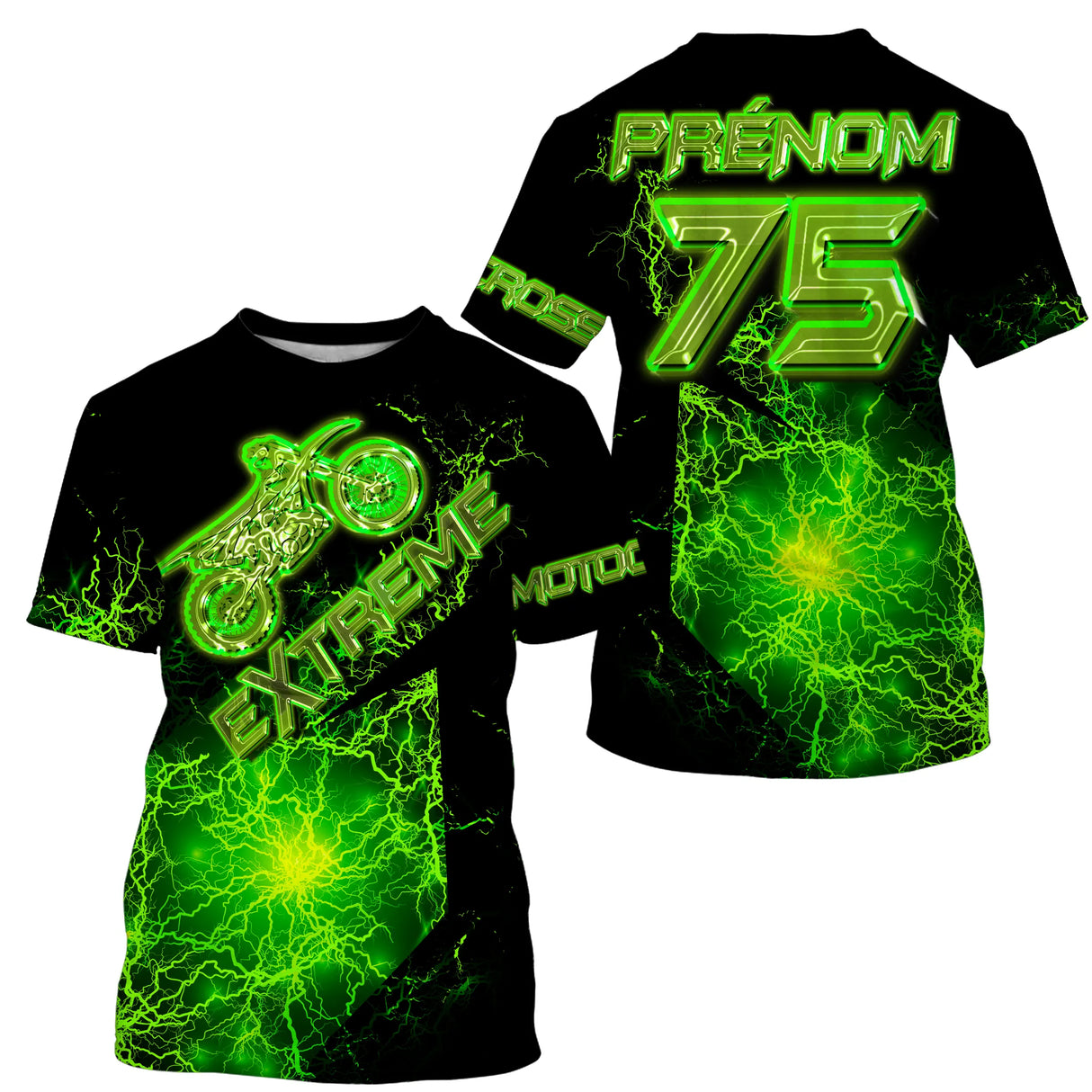 Anti-UV à capuche maillot motocross vert acide, motif éclairs Extreme et numéro de course personnalisé