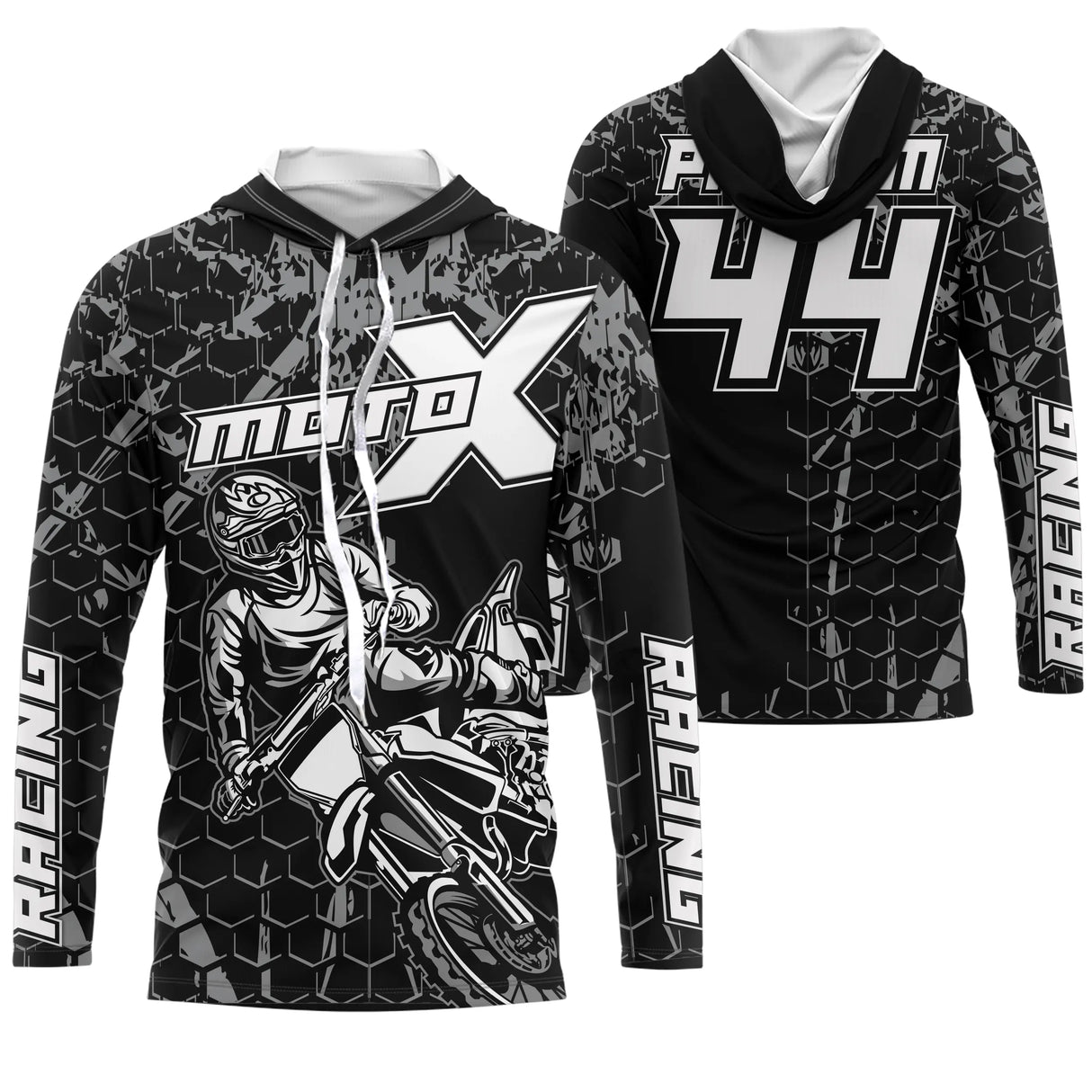 Maillot motocross noir blanc avec pilote en saut et lettrage Moto X Racing, prénom et numéro 44 imprimés