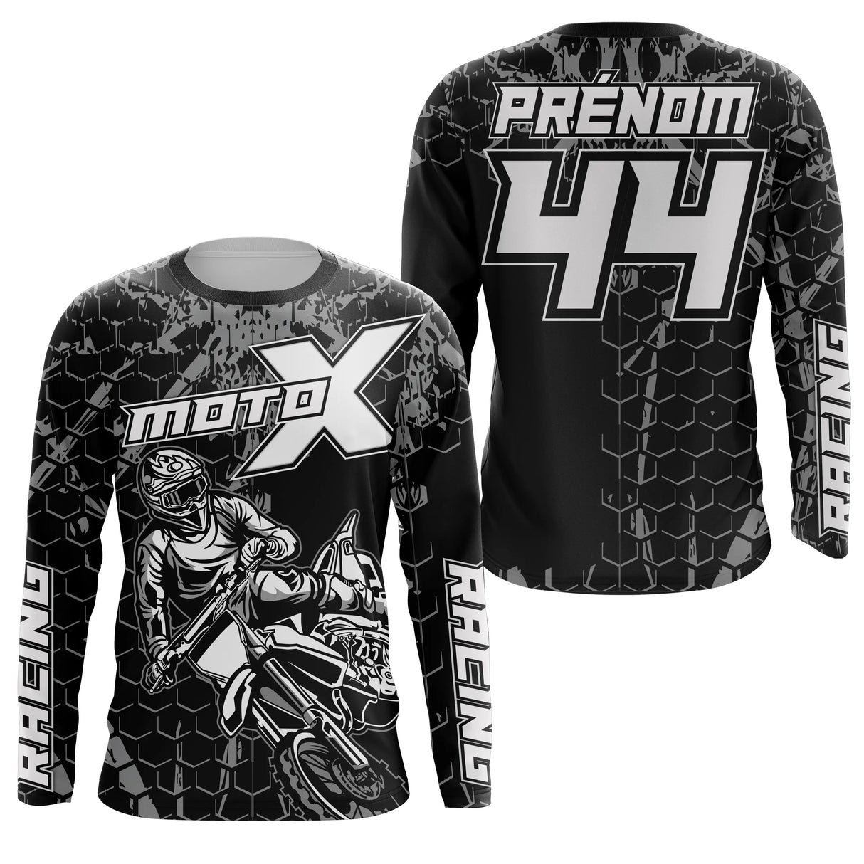 Anti-UV manches longues maillot motocross noir blanc MotoX, design dirt bike épuré personnalisé