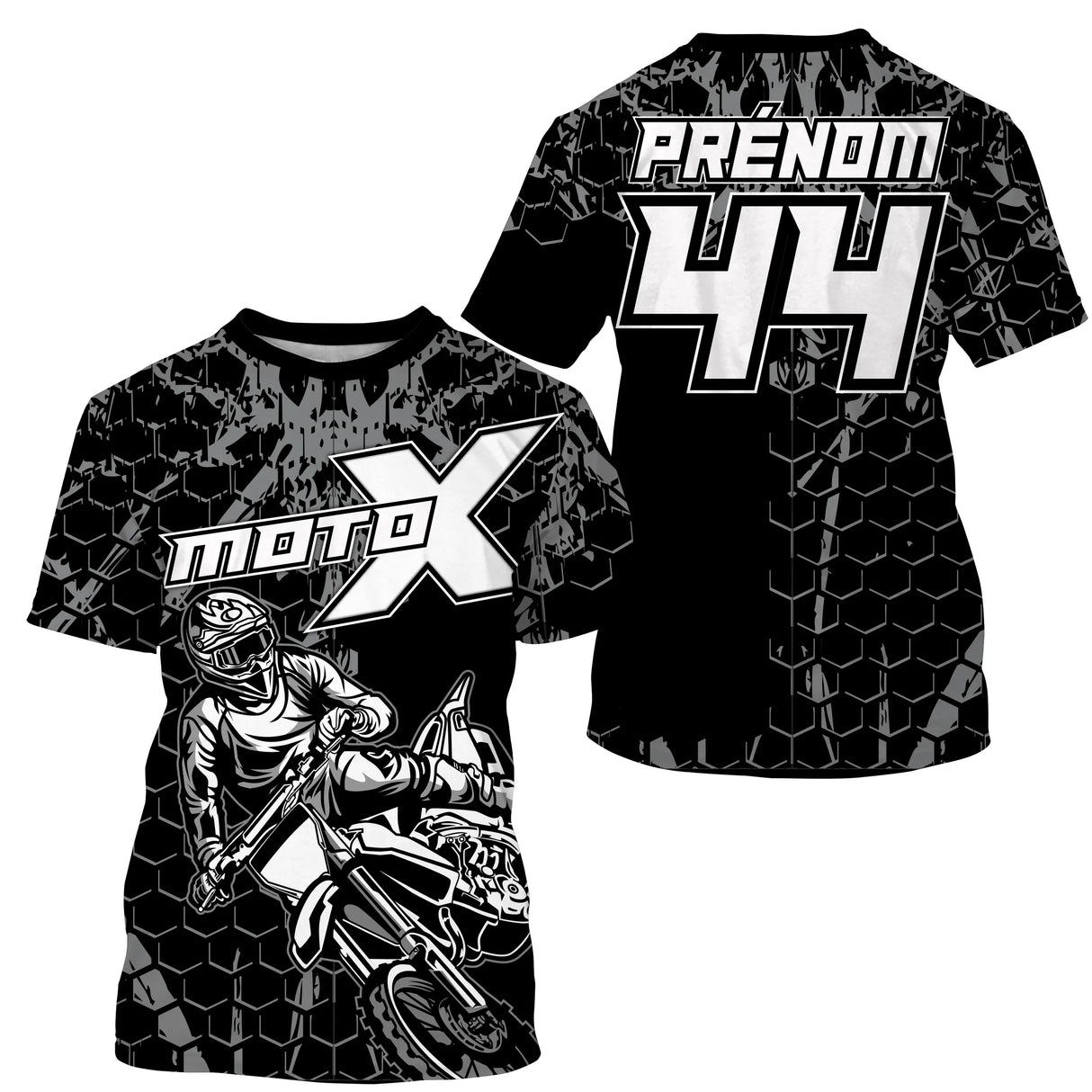 Anti-UV à capuche maillot motocross noir blanc, motif hexagonal MotoX Racing et numéro de course personnalisé