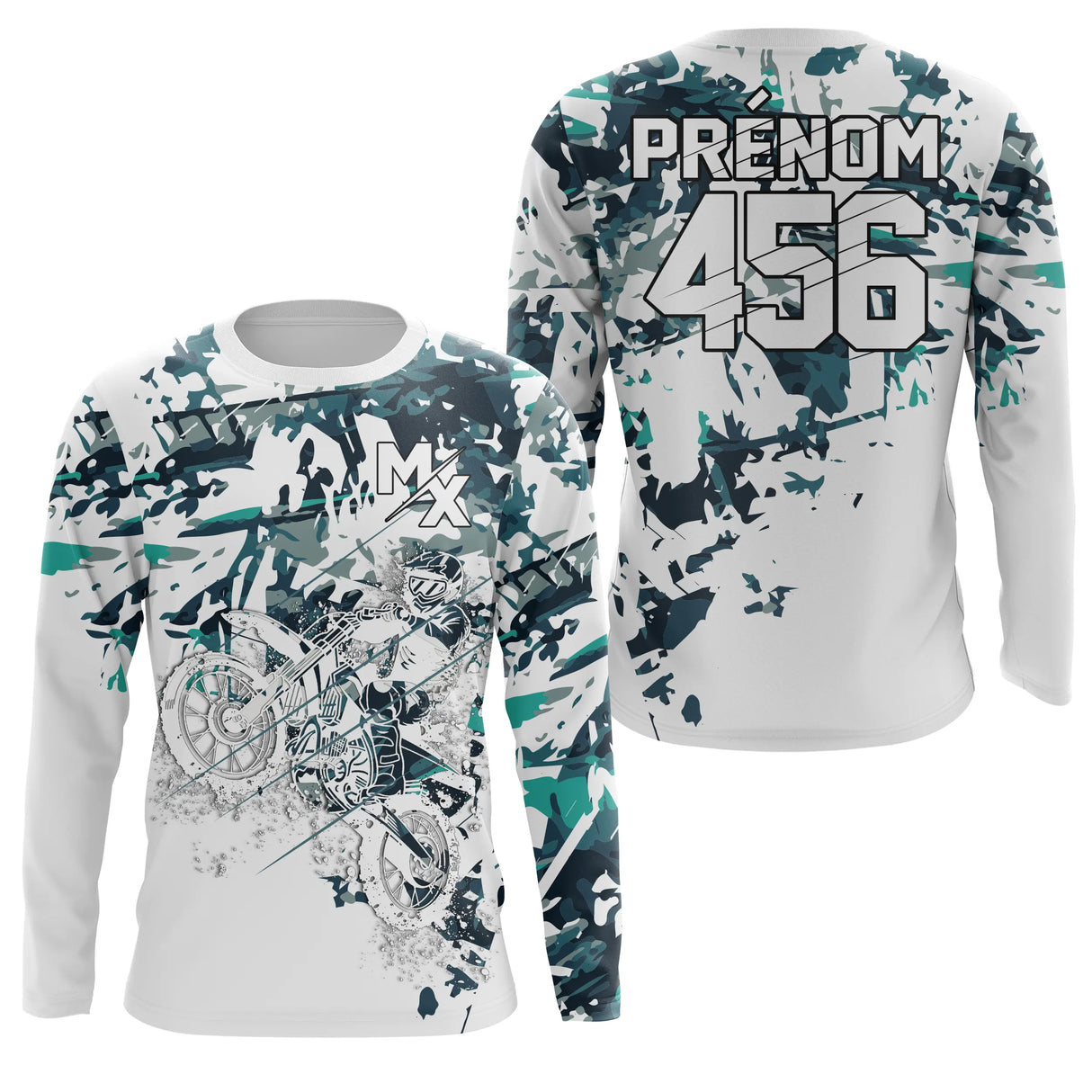 Anti-UV manches longues maillot motocross blanc vert eau, design dirt bike épuré personnalisé