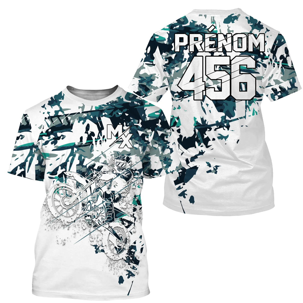 Anti-UV à capuche maillot motocross blanc vert, motif graphique et numéro de course personnalisé