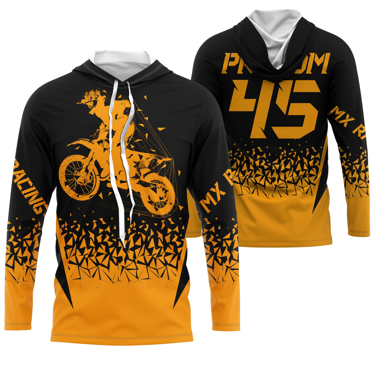 Maillot motocross jaune noir avec silhouette pilote en saut et lettrage MX Racing, prénom numéro 45 imprimés