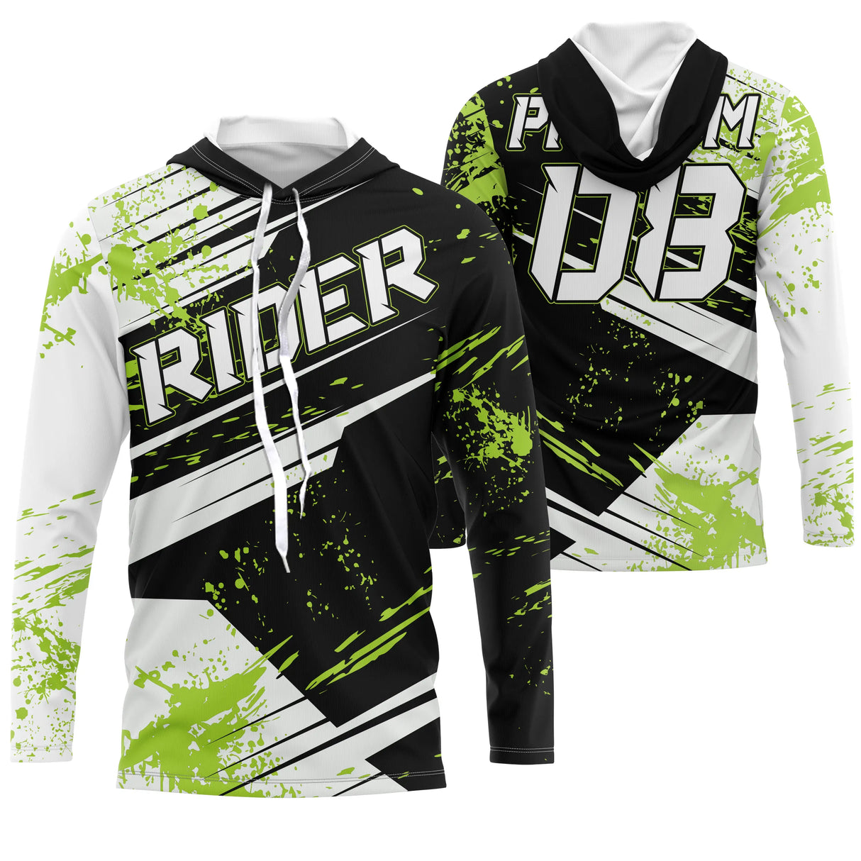 Maillot motocross vert fluo blanc noir avec lettrage Rider, prénom et numéro 03 imprimés