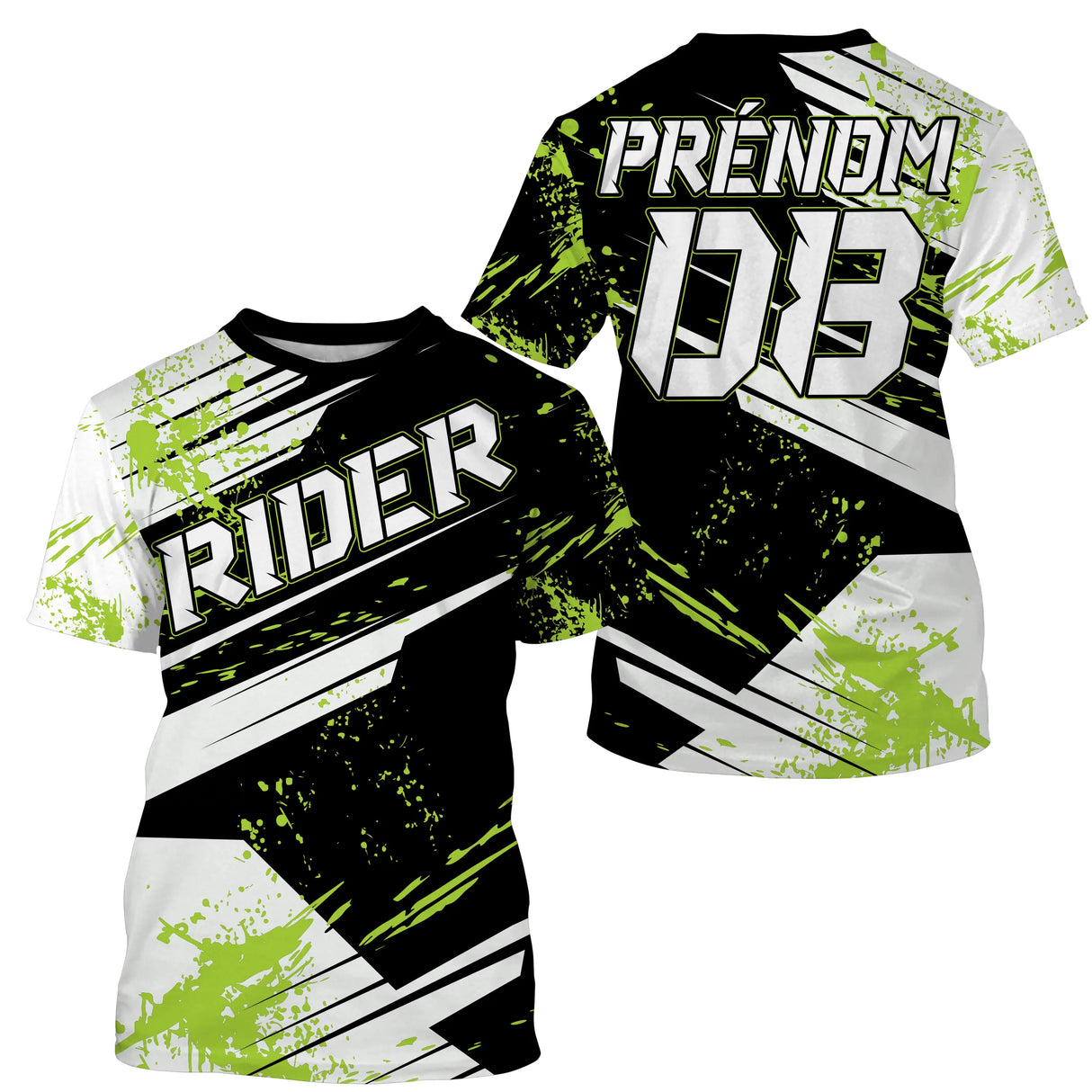 Anti-UV à capuche maillot motocross vert fluo blanc, lettrage Rider et numéro de course personnalisé