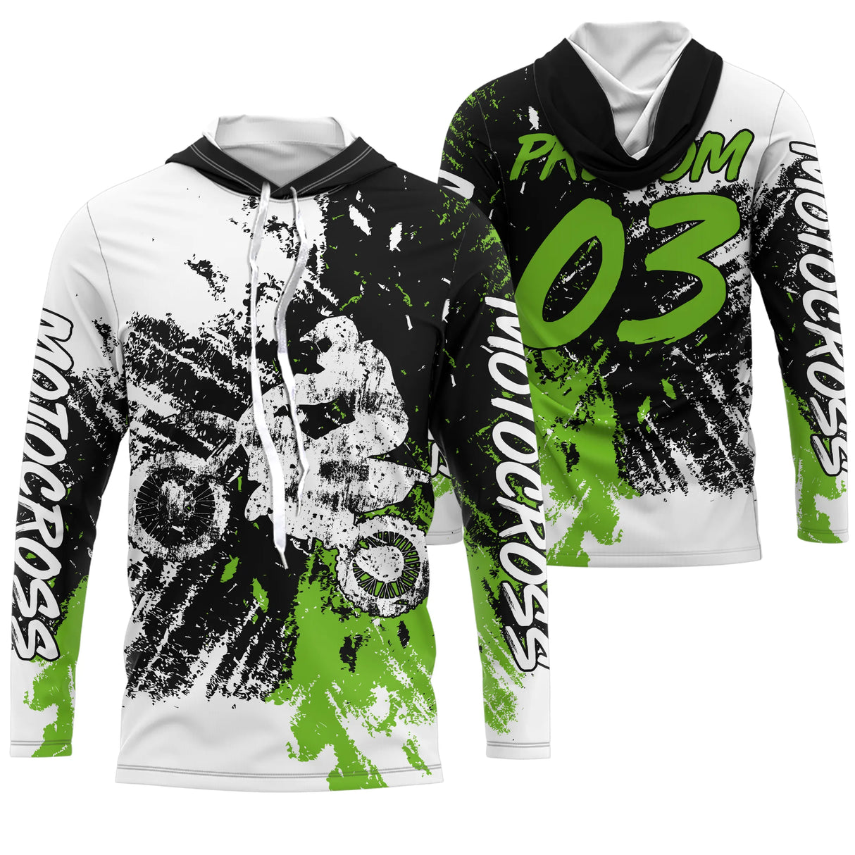 Maillot motocross vert fluo blanc avec silhouette pilote et lettrage Motocross, prénom numéro 03 imprimés