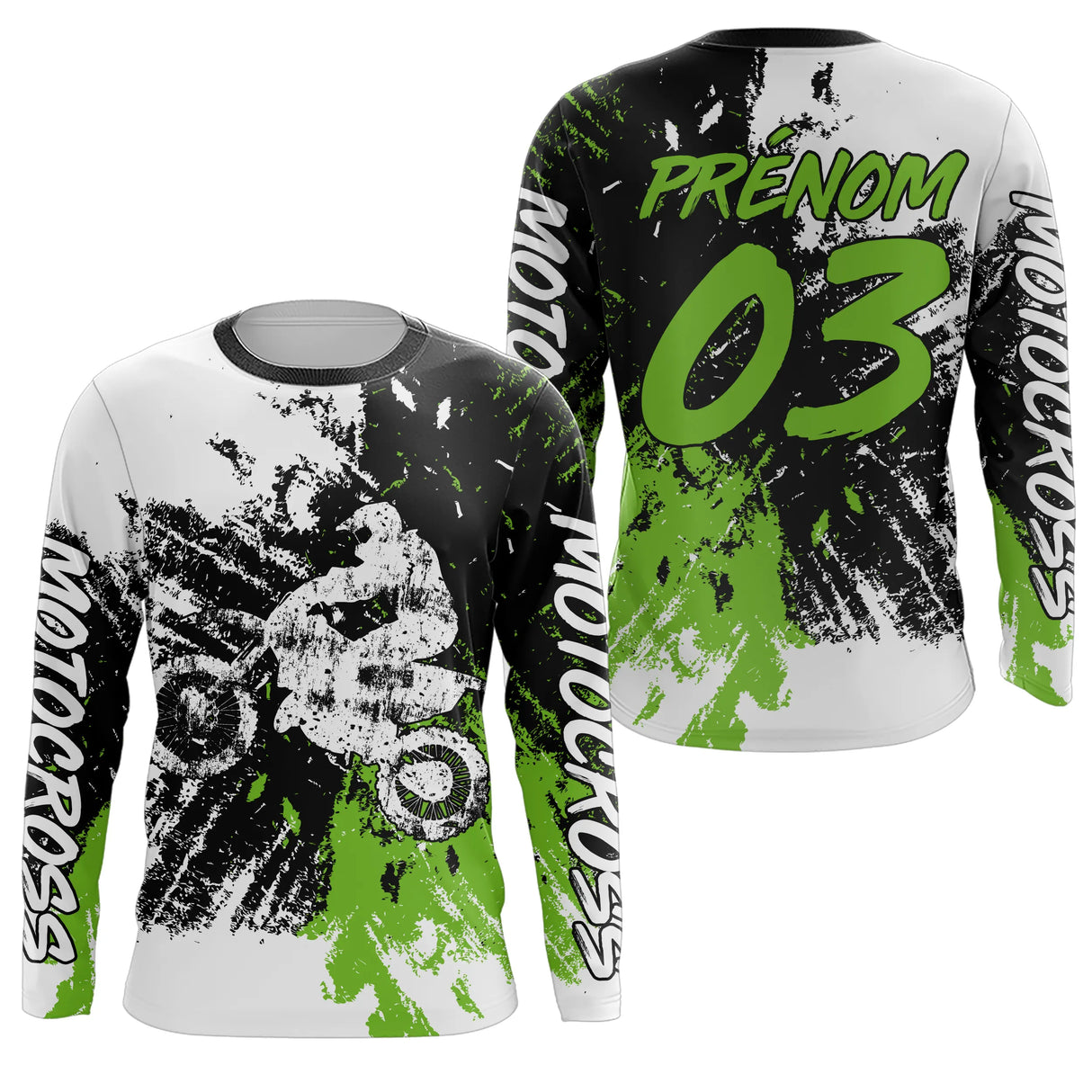 Anti-UV manches longues maillot motocross vert fluo blanc, design dirt bike fluo personnalisé