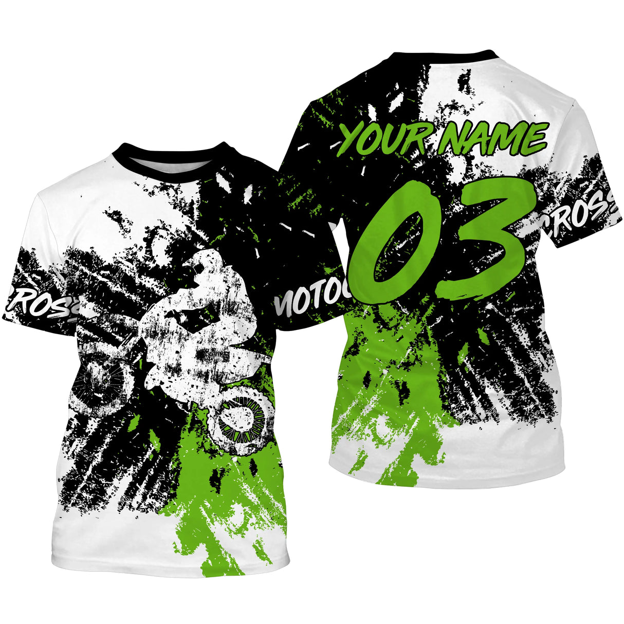 Anti-UV à capuche maillot motocross vert fluo blanc, lettrage Motocross et numéro de course personnalisé