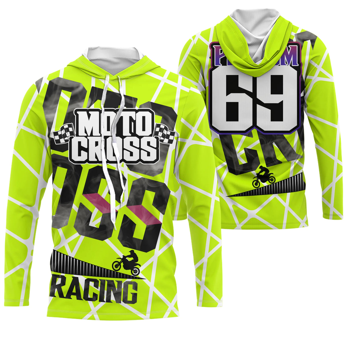 Maillot motocross vert fluo blanc avec lettrage Motocross Racing et drapeaux, prénom et numéro 069 imprimés