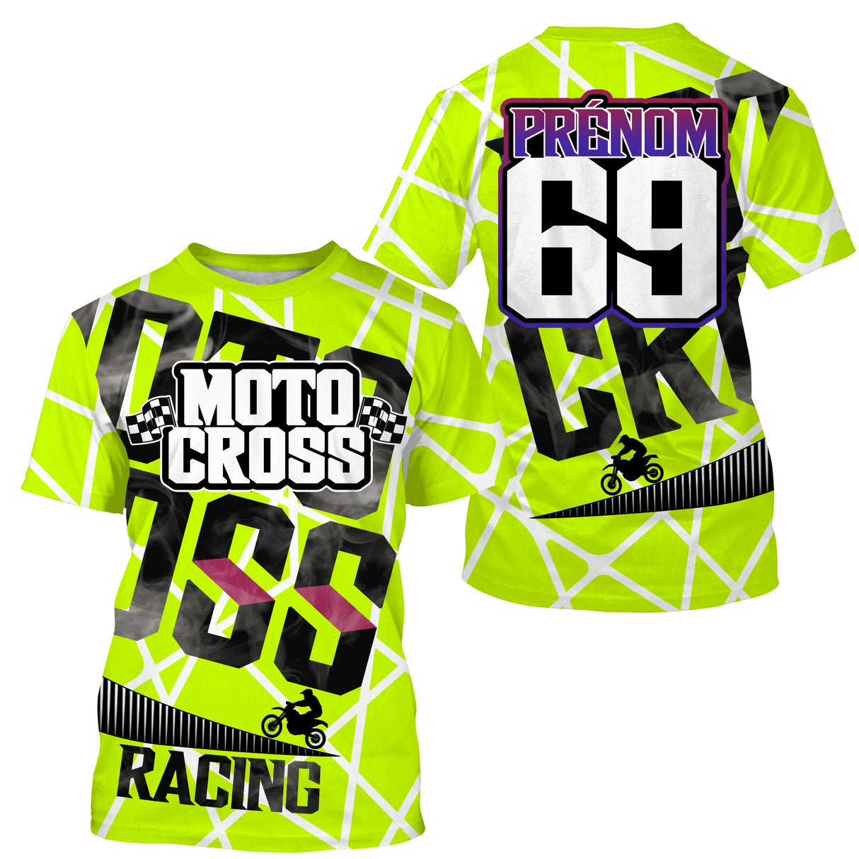 Anti-UV à capuche maillot motocross vert fluo blanc, lettrage Motocross Racing et numéro de course personnalisé