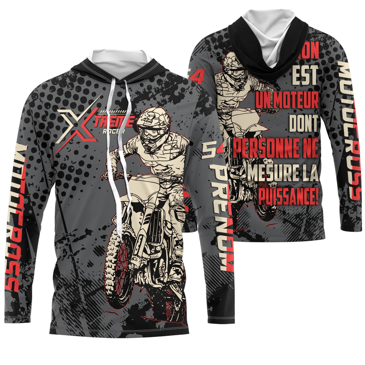 Maillot motocross gris rouge avec pilote en wheelie et lettrage Xtreme Motocross, prénom numéro 07 imprimés