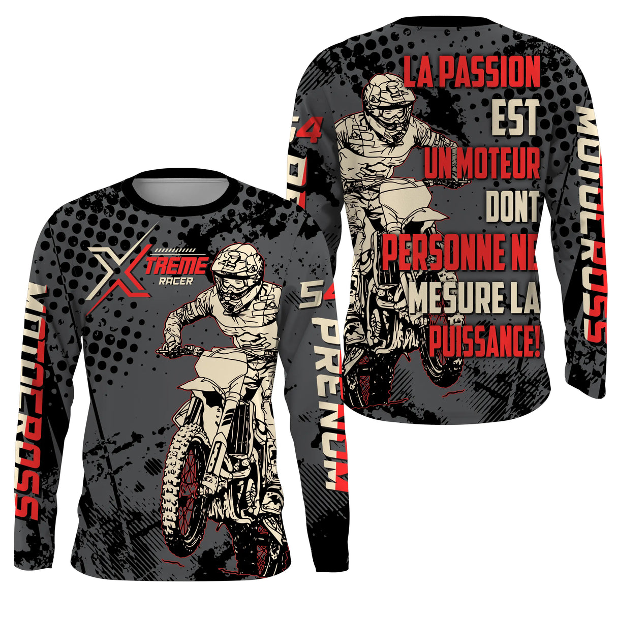 Anti-UV manches longues maillot motocross gris rouge Xtreme, design dirt bike puissance personnalisé