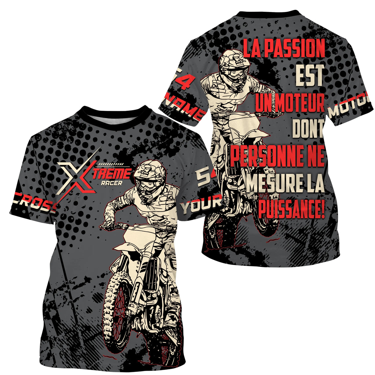 Anti-UV à capuche maillot motocross gris rouge, lettrage Xtreme Motocross et numéro de course personnalisé