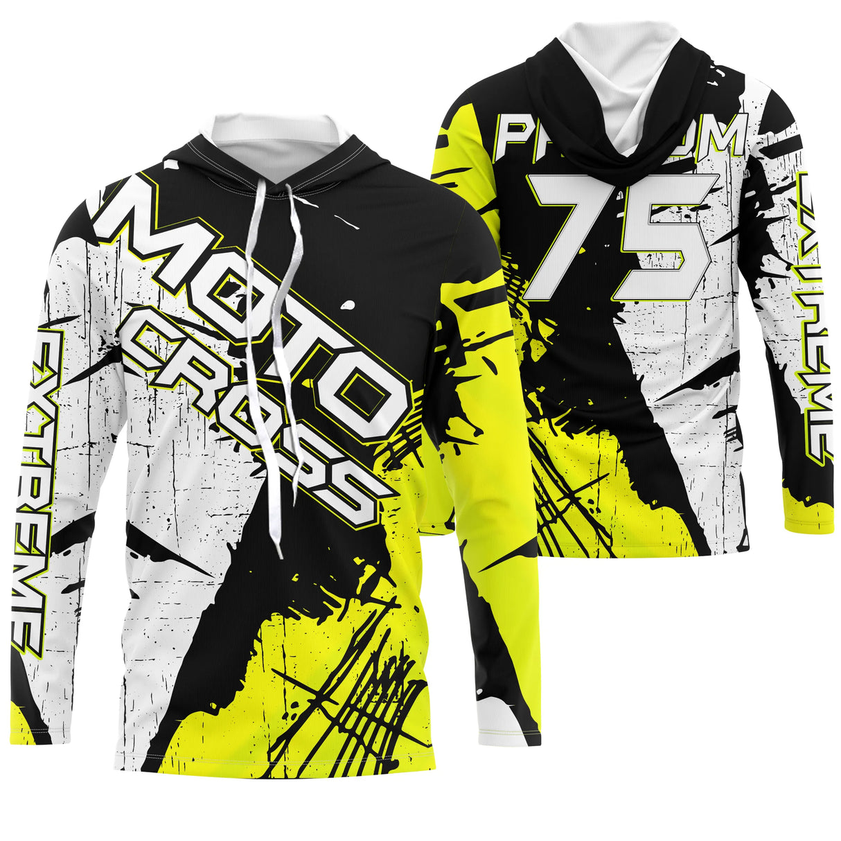 Maillot motocross jaune noir blanc avec lettrage Moto Cross Xtreme et éclats, prénom et numéro 75 imprimés
