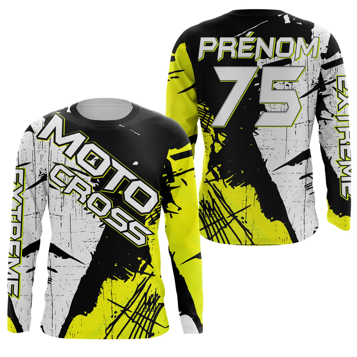 Anti-UV manches longues maillot motocross jaune noir Xtreme, design dirt bike éclats personnalisé