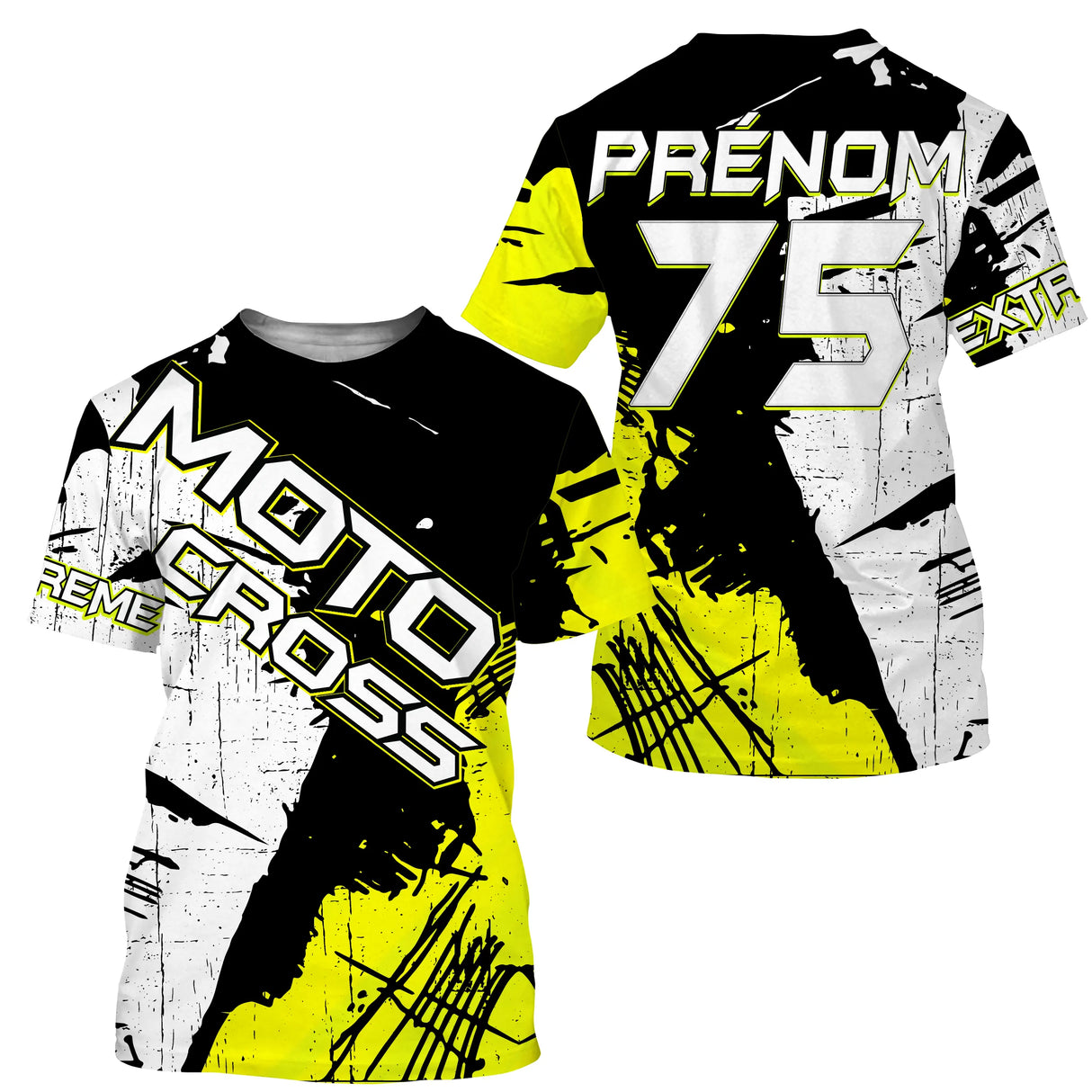 Anti-UV à capuche maillot motocross jaune noir, lettrage Moto Cross Xtreme et numéro de course personnalisé