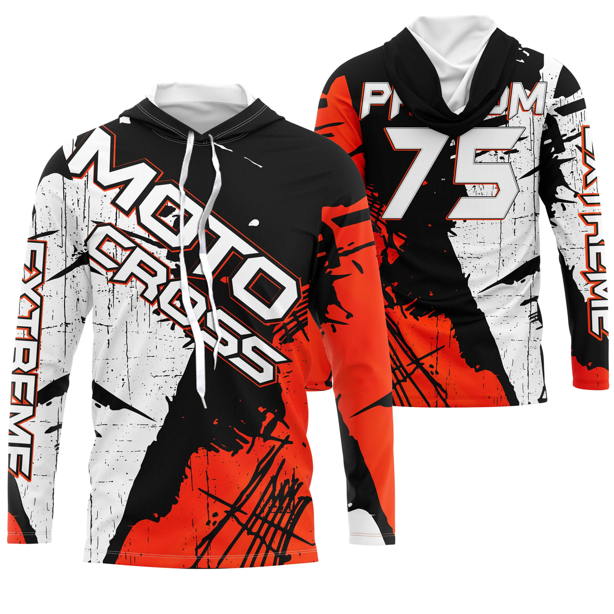 Maillot motocross rouge noir blanc avec lettrage Moto Cross Xtreme et éclats, prénom et numéro 75 imprimés