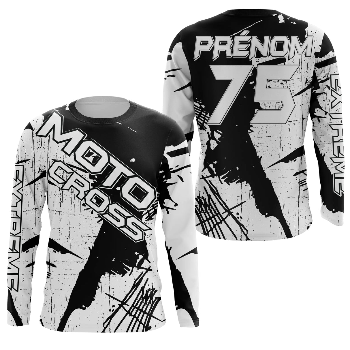 Anti-UV manches longues maillot motocross noir blanc Xtreme, design dirt bike épuré personnalisé