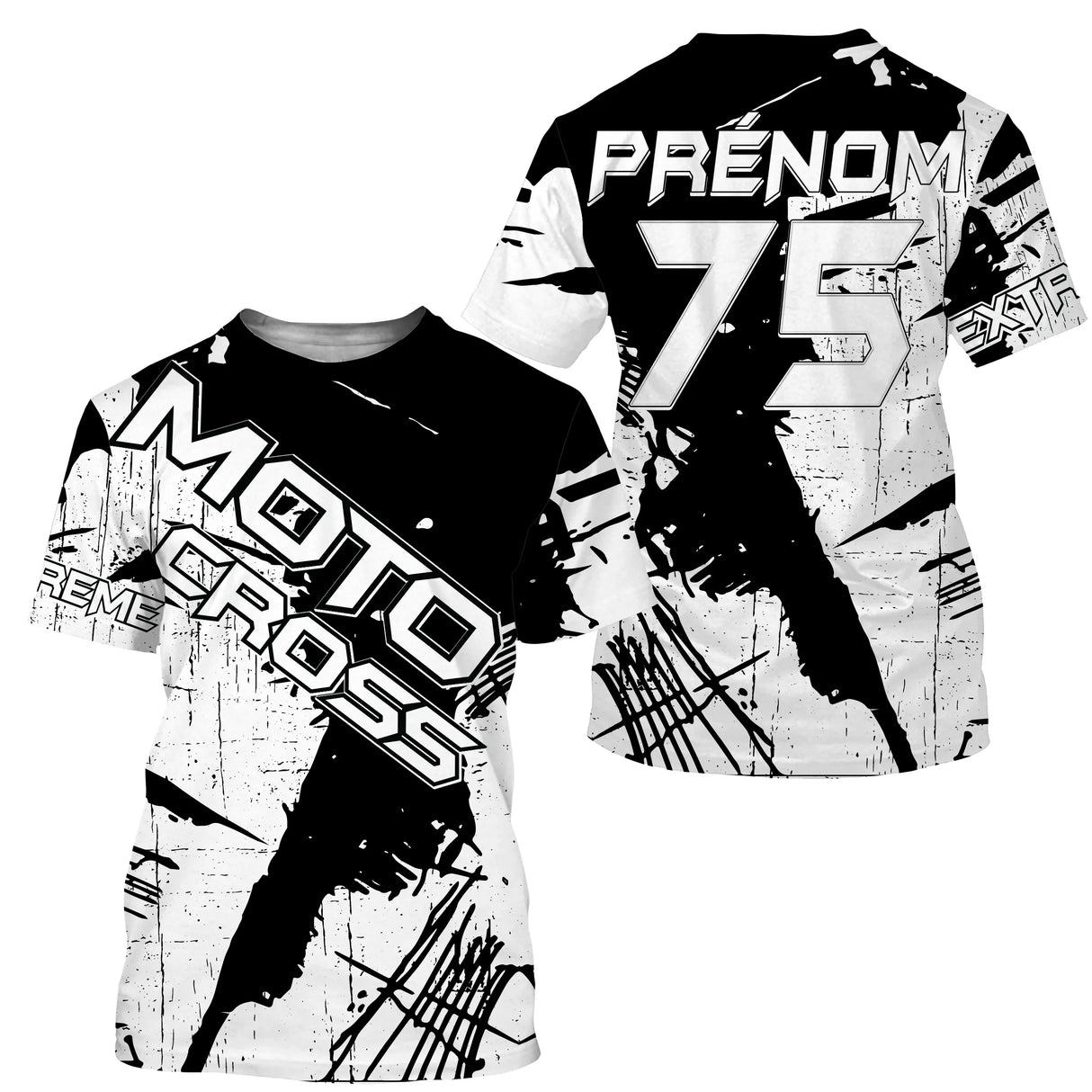 Anti-UV à capuche maillot motocross noir blanc, lettrage Moto Cross Xtreme et numéro de course personnalisé