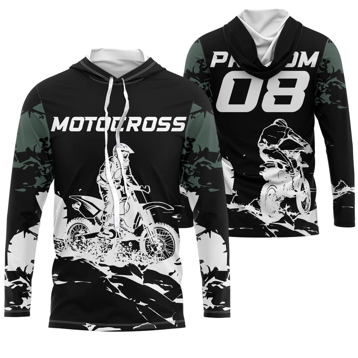 Maillot motocross camouflage vert kaki noir avec moto cross et lettrage Motocross, prénom numéro 08 imprimés