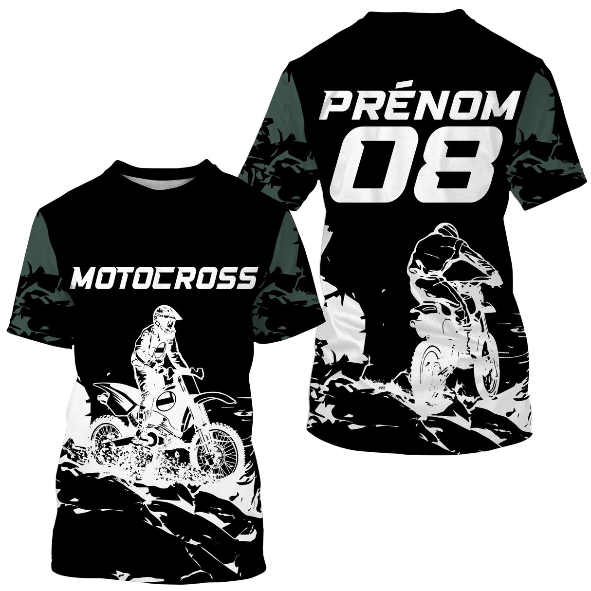 Anti-UV à capuche maillot motocross camouflage vert kaki, lettrage Motocross et numéro de course personnalisé