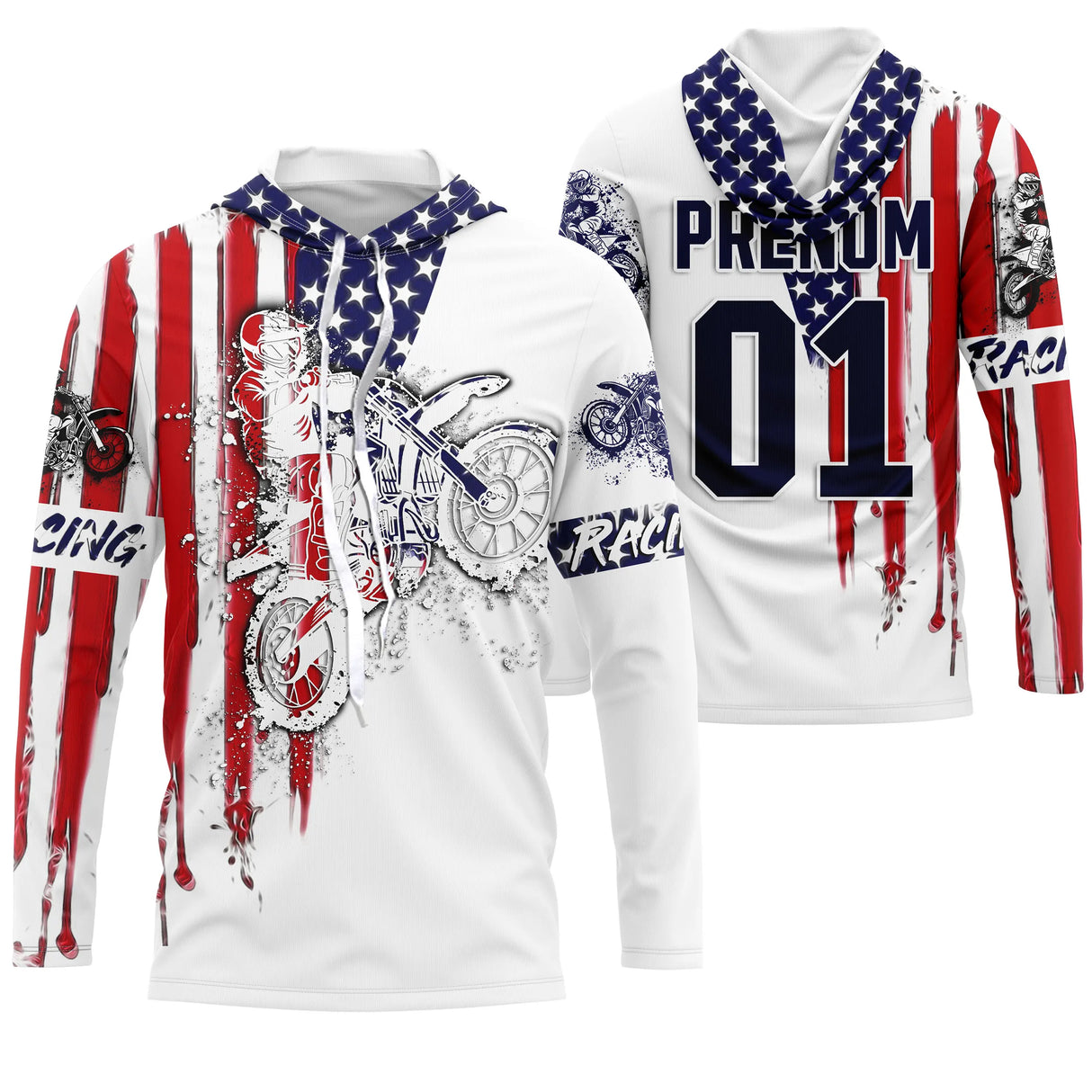 Anti-UV à capuche motocross USA Racing, design dirt bike américain personnalisé pour pilote